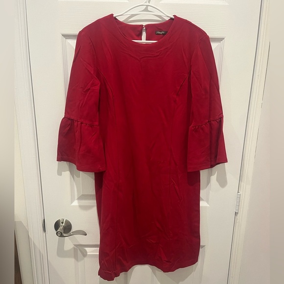 J. McLaughlin Red Shift Dress Ruffle Bell Sleeves Large Valentines Party‎ Career - Picture 1 of 7